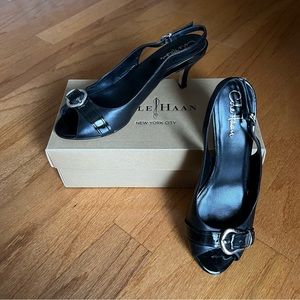 Like NEW Cole Haan black leather peep toe sling back heels, size 8.5
